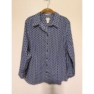 Chico's Button Front Shirt White Blue Hexagon No Iron Womans 3/XL